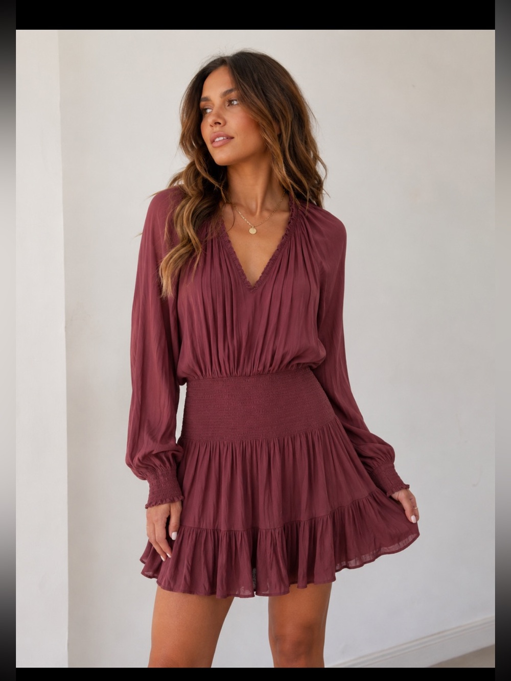 Ramy Brook Burgundy Long-Sleeve Smocked Drop Waist V-Neck Dress M